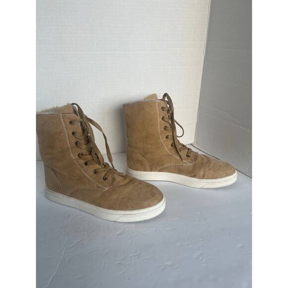 PAWJ Vegan Tan Mid Calf Polar Fleece Lace Up Round Toe Rubber Sole Boot Sz 10.5 - Picture 3 of 11